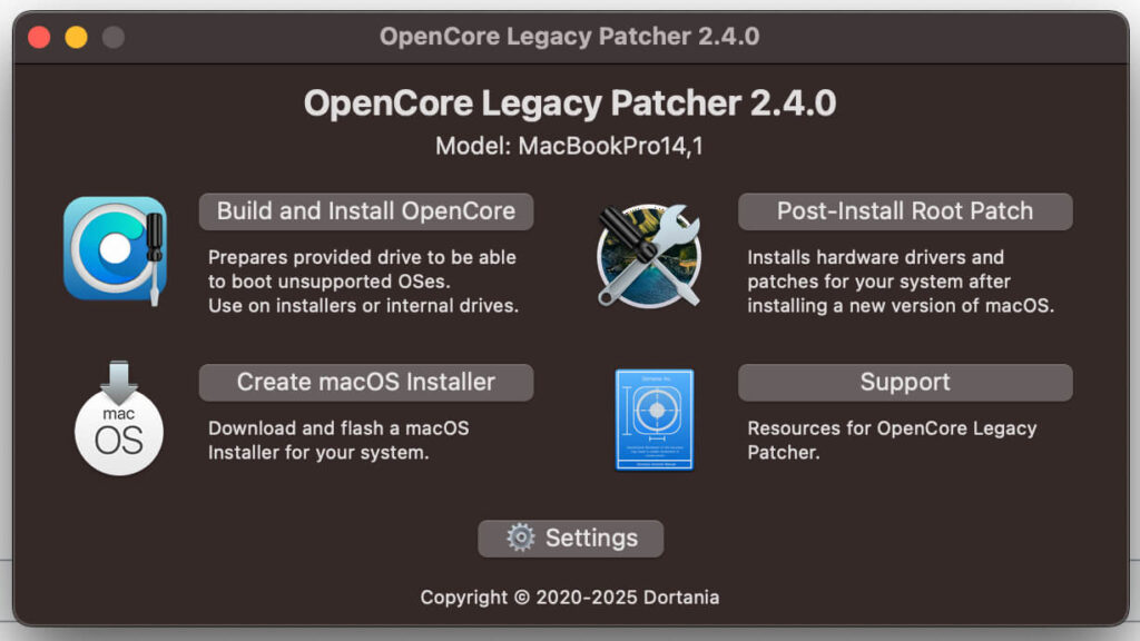 Open Core Legacy Patcher Menü